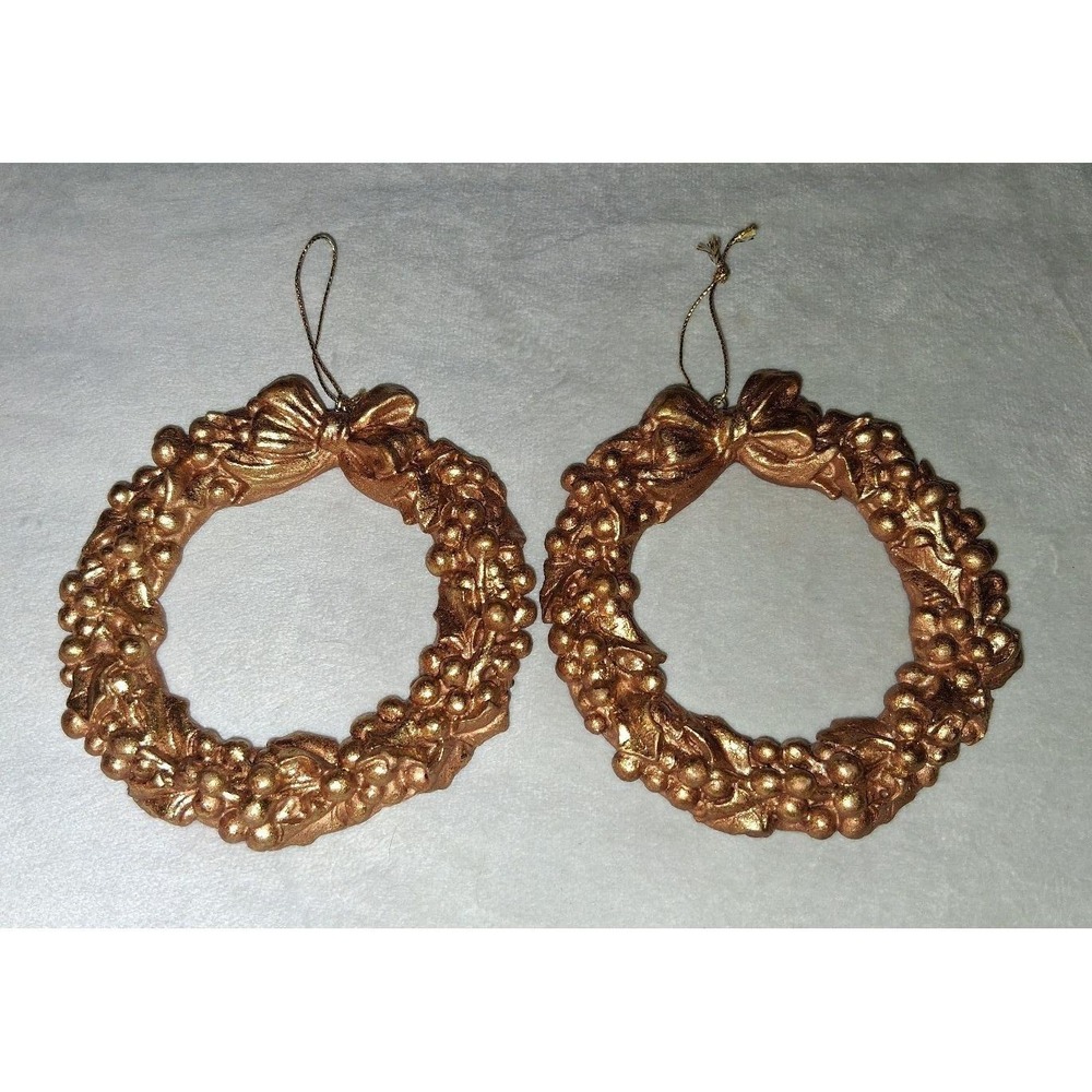 Vintage Gold Christmas Wreath Ornaments Set of 2 4.25" Berry Bow Holiday Decor